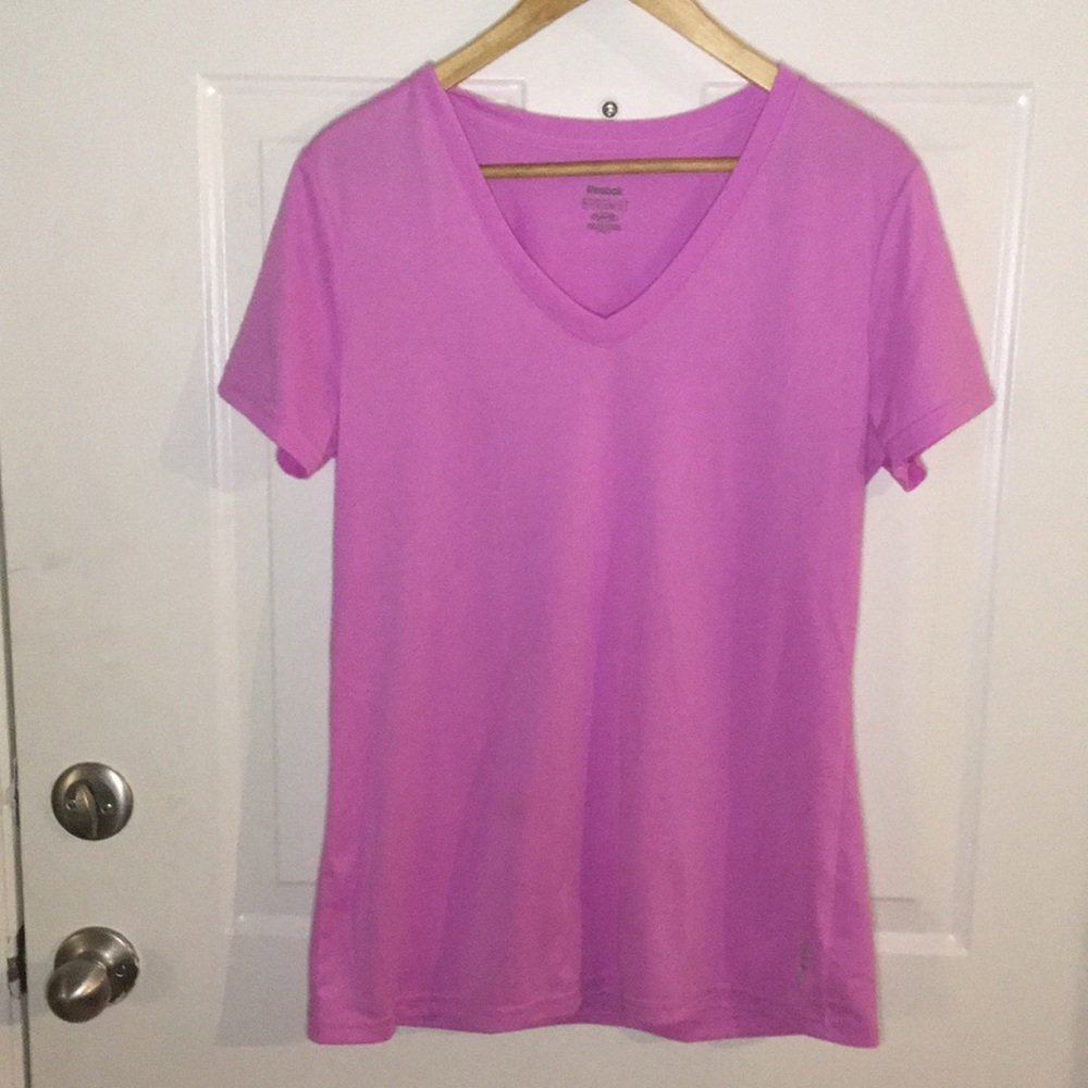 Reebok Play Dry V-Neck Pink Athletic T-Shirt Sports Top Large